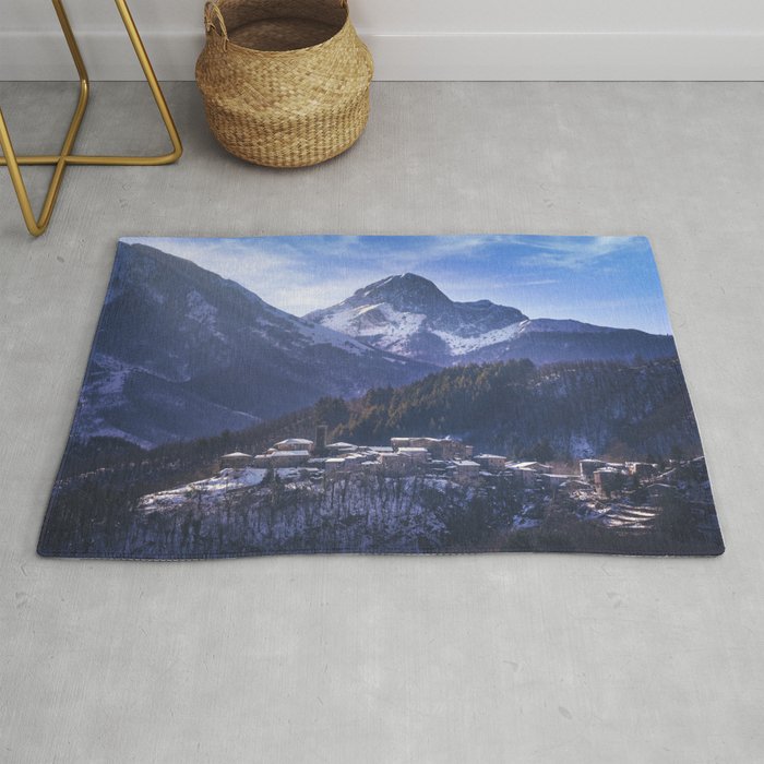 Snowy village Nicciano and Apuan mountains. Tuscany Rug
