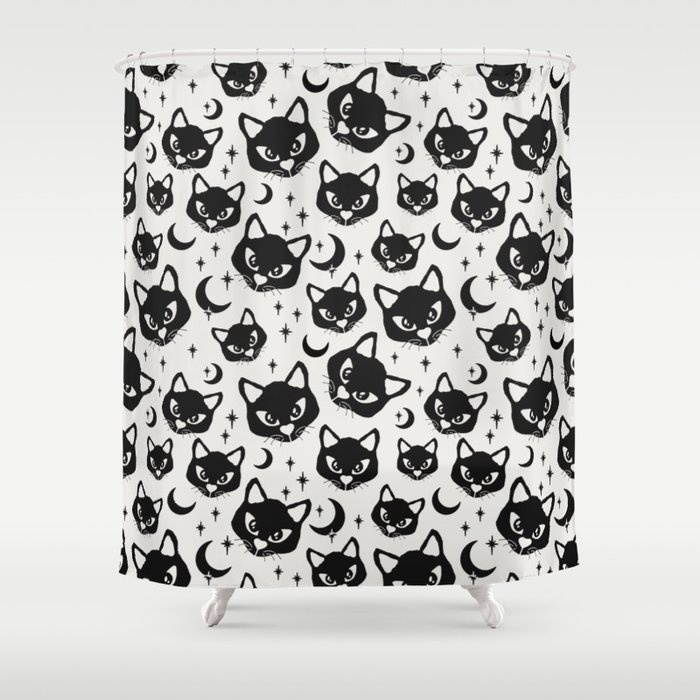 Black Cats, Stars, Moons Pattern, Witchy Halloween Design Shower Curtain