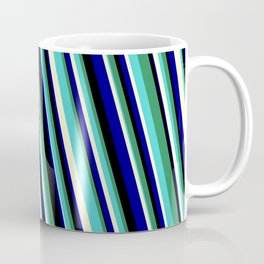 [ Thumbnail: Eyecatching Sea Green, Turquoise, Light Yellow, Dark Blue, and Black Colored Stripes/Lines Pattern Coffee Mug ]