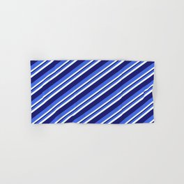 [ Thumbnail: Royal Blue, Mint Cream & Midnight Blue Colored Striped Pattern Hand & Bath Towel ]