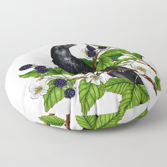 Black bird, blackberries Floor Pillow