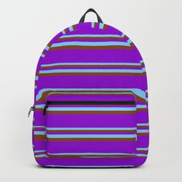[ Thumbnail: Light Sky Blue, Brown, and Dark Violet Colored Pattern of Stripes Backpack ]