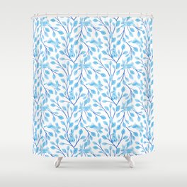Blue Bunnies and Leaves, Botanical Bunny Pattern Watercolor Shower Curtain