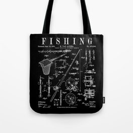 Fishing Rod Tackle Reel Lure Fisherman Vintage Patent Print Tote Bag