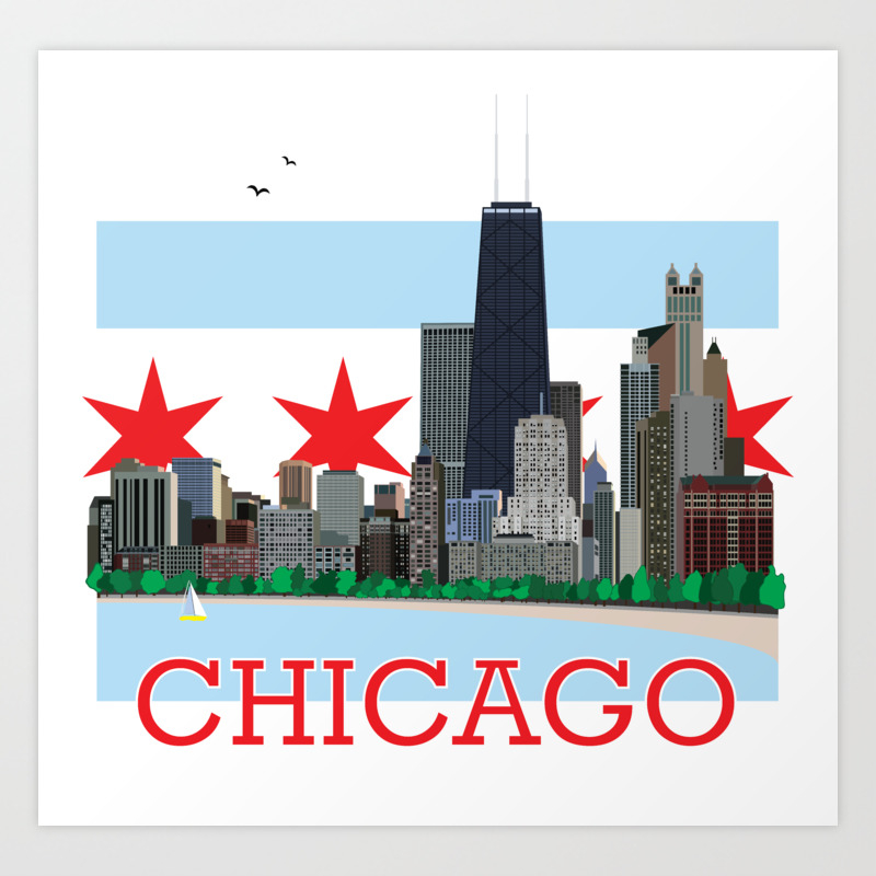 Chicago Gold Coast Skyline Illustration Chicago Flag Art Print By