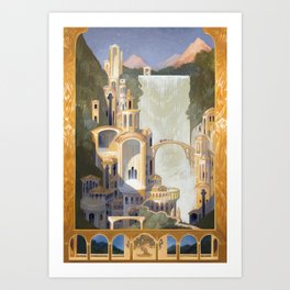 The Elven Refuge Kunstdrucke | Waterfall, Palace, Golden, Acrylic, Watercolor, Castle, Curated, Glittery, Fantasy, Painting 