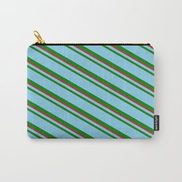[ Thumbnail: Sky Blue, Green, and Brown Colored Lines/Stripes Pattern Carry-All Pouch ]