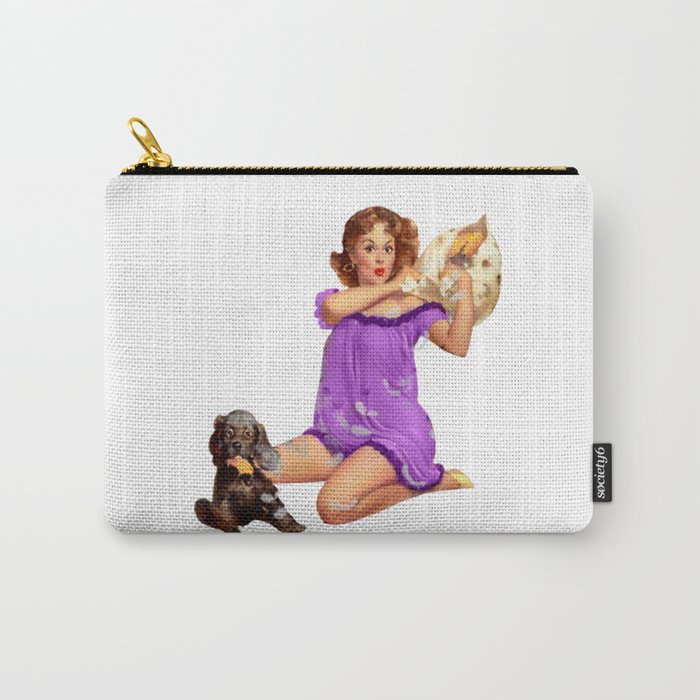 Sexy Vintage Pinup in Lingerie With a Lilly Dog And Feather Pillow Carry-All Pouch