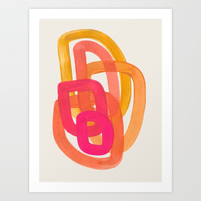 Funky Retro 70's Style Pattern Orange Pink Greindent Striped Circles Mid Century Colorful Pop Art Kunstdrucke | Gemälde, Aquarell, Ink, Muster, Funky, Retro, 70'-style, Muster, Orange, Rosa