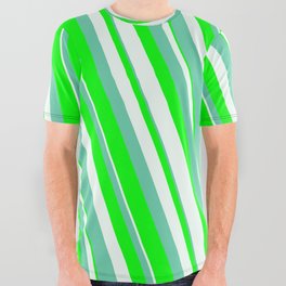 [ Thumbnail: Aquamarine, Lime & Mint Cream Colored Lines Pattern All Over Graphic Tee ]