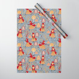 Dancing foxes in a fairy forest. Folk Art. Seamless pattern. Wrapping Paper