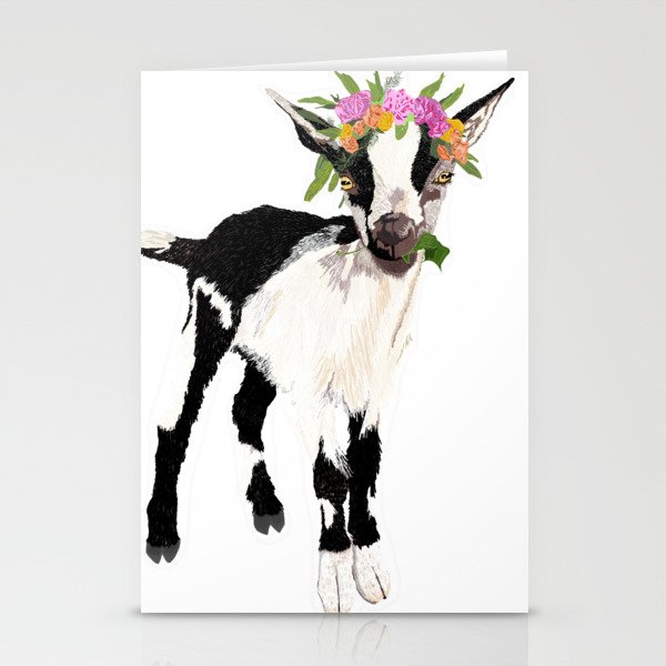 Black and White Goat with Flower Crown Stationery Cards