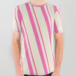 [ Thumbnail: Hot Pink & Beige Colored Lined Pattern All Over Graphic Tee ]