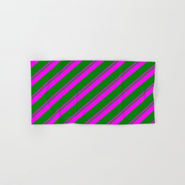 [ Thumbnail: Fuchsia & Green Colored Striped Pattern Hand & Bath Towel ]