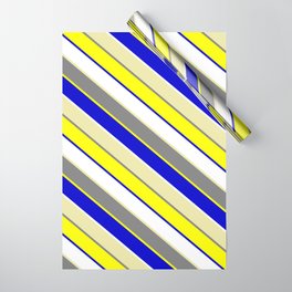 [ Thumbnail: Colorful Pale Goldenrod, Gray, Yellow, Blue, and White Colored Lined/Striped Pattern Wrapping Paper ]
