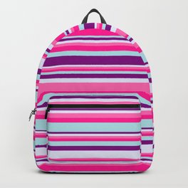 [ Thumbnail: Colorful Hot Pink, Deep Pink, Powder Blue, Purple, and Lavender Colored Lined Pattern Backpack ]