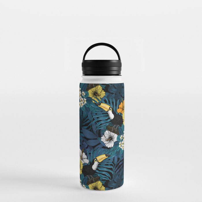 Toucans and tropical flora, blue , yellow , orange and white Water Bottle