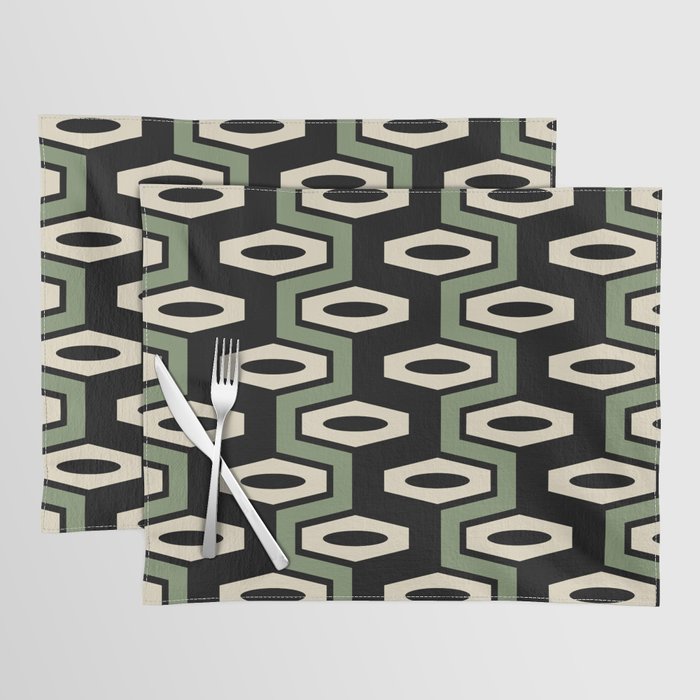 Atomic Geometric Pattern 249 Black Sage Green and Beige Placemat