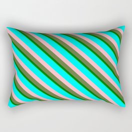 [ Thumbnail: Eye-catching Aqua, Light Pink, Dark Olive Green, Dark Green & Green Colored Stripes/Lines Pattern Rectangular Pillow ]