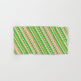 [ Thumbnail: Dark Khaki, Light Pink & Lime Green Colored Lines/Stripes Pattern Hand & Bath Towel ]