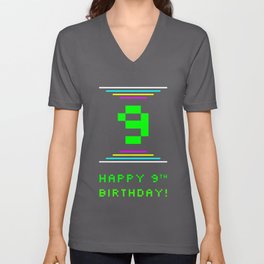 [ Thumbnail: 9th Birthday - Nerdy Geeky Pixelated 8-Bit Computing Graphics Inspired Look V Neck T Shirt V-Neck T-Shirt ]