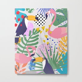 Tropical Spring | Pastel Quirky Modern Bohemian Jungle Botanical | Flamingo Palm Cockatoo Birds Metal Print