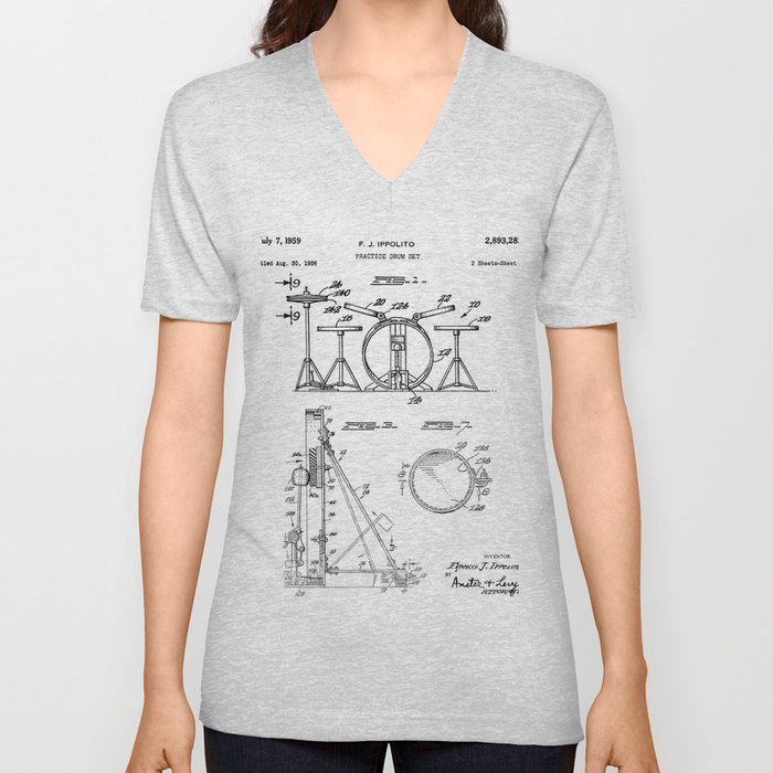 Drum Set Patent - Drummer Art - Black And White V Neck T Shirt