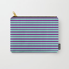 [ Thumbnail: Purple & Aquamarine Colored Pattern of Stripes Carry-All Pouch ]