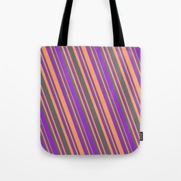 [ Thumbnail: Dim Gray, Dark Orchid & Brown Colored Lines/Stripes Pattern Tote Bag ]
