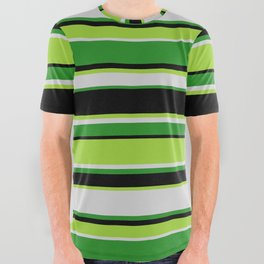 [ Thumbnail: Green, Light Gray, Forest Green, and Black Colored Stripes Pattern All Over Graphic Tee ]