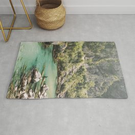 Early misty morning swim/ Bright blue and green riverbed Slovenia photography / summer fresh art print Rug