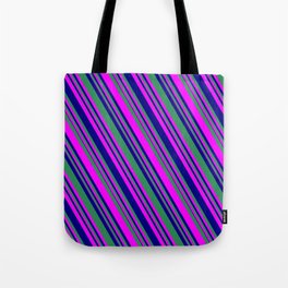 [ Thumbnail: Sea Green, Fuchsia, and Blue Colored Lined/Striped Pattern Tote Bag ]