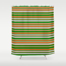 [ Thumbnail: Grey, Chocolate, and Green Colored Lined Pattern Shower Curtain ]