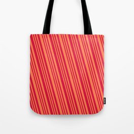 [ Thumbnail: Crimson & Coral Colored Lines/Stripes Pattern Tote Bag ]