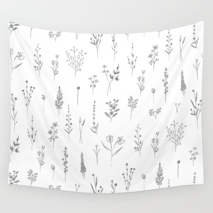 Wildflowers - Grey Flowers Wall Tapestry