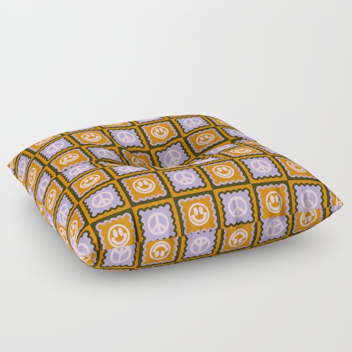 Funky Checkered Smileys and Peace Symbol Pattern (Dark Brown, Ginger Brown, Lilac, Muted Pink) Floor Pillow
