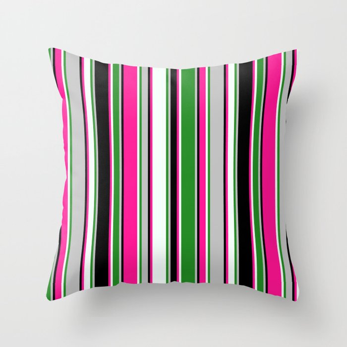 Eyecatching Grey, Forest Green, Mint Cream, Deep Pink, and Black Colored Pattern of Stripes Throw Pillow