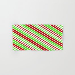 [ Thumbnail: Christmas-Inspired Red, White & Green Colored Stripes/Lines Pattern Hand & Bath Towel ]