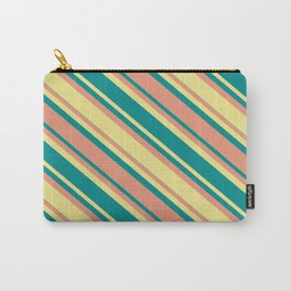 [ Thumbnail: Dark Salmon, Tan & Dark Cyan Colored Lined/Striped Pattern Carry-All Pouch ]