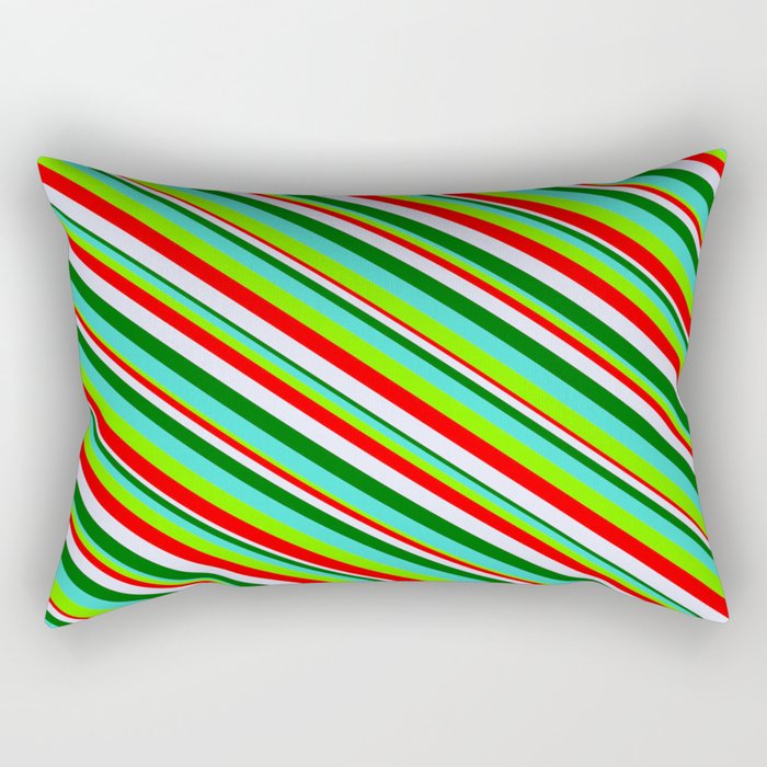 Vibrant Turquoise, Green, Red, Lavender & Dark Green Colored Lined/Striped Pattern Rectangular Pillow