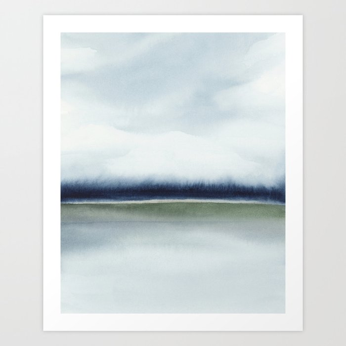 Indigo Forest I - Navy Blue Forest, Sage Green Trees, Nature Lake Watercolor, Abstract Painting Art Wall Décor Art Print