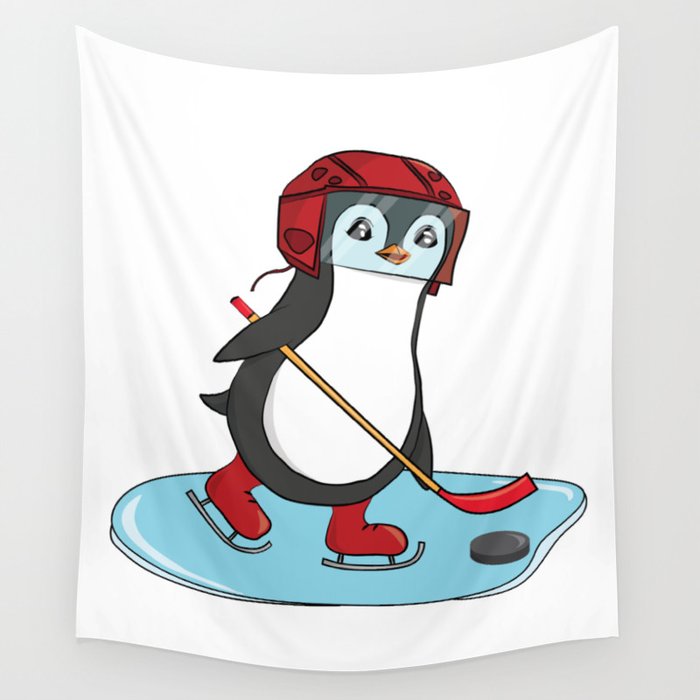 Ice Hockey Cute Penguin Cartoon Wall Tapestry