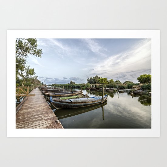 Boats in a lagoon port Art Print