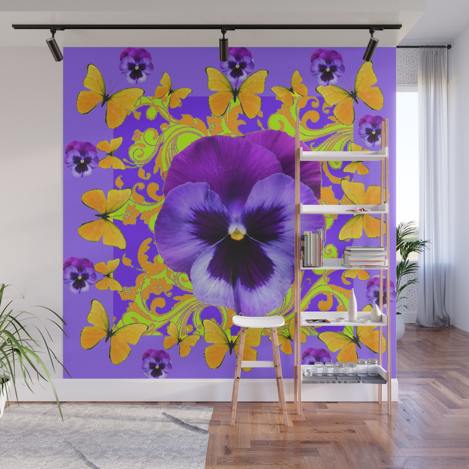 Purple Pansies Yellow Butterflies Abstract Floral Wall Mural By