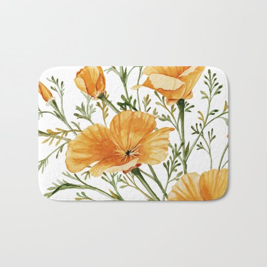 California Poppies Watercolor Painting Bath Mat By