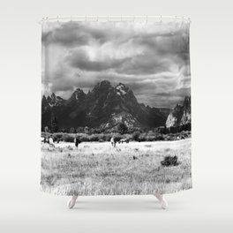 Horse and Grand Teton (Black and White) Shower Curtain