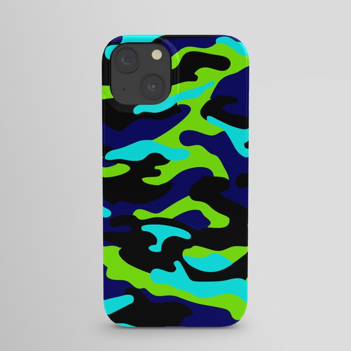 Camouflage Pattern Neon Green Black Blue Navy iPhone Case