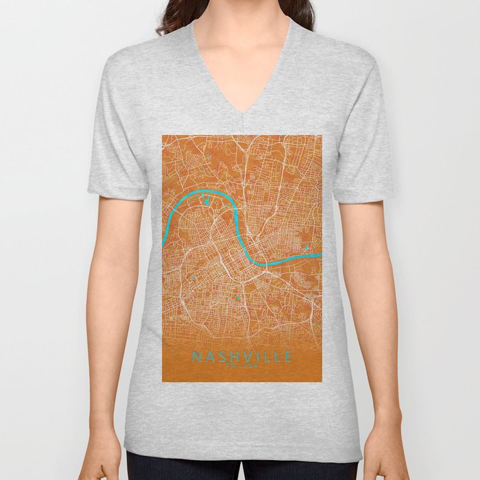 Nashville, TN, USA, Gold, Blue, City, Map V Neck T Shirt