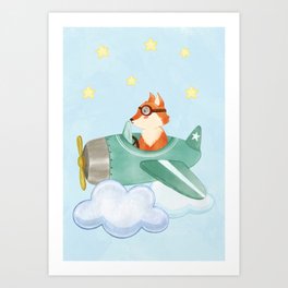 Fox flying an airplane in the sky Art Print
