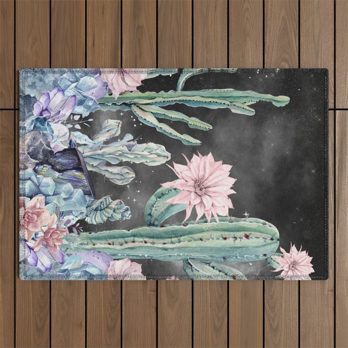 Desert Cactus Succulents + Gemstones Night Sky Outdoor Rug